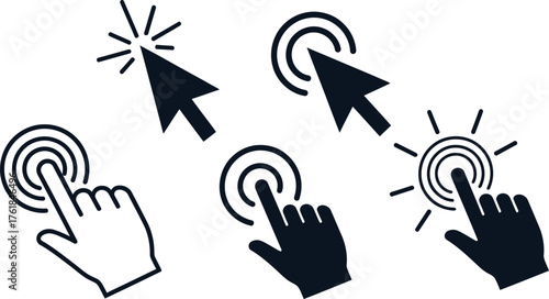 click here icon pack with hand cursor and finger tap symbols ideal for website ui and digital interface design