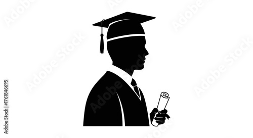 Black Silhouette of Male Graduate Holding Rolled Diploma Scroll.