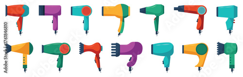 Hair dryer collection in bright colorful style. Various beauty salon blow dryers for hairstyle and grooming themes