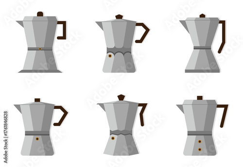 Moka pot collection with metallic body and brown handle. Classic Italian coffee maker set suitable for cafe or breakfast