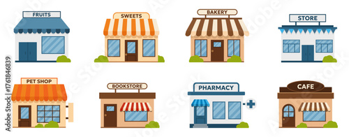 Small shop collection with flat colorful facades. Storefront icons including cafe, pharmacy, bookstore and bakery