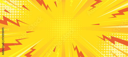 Yellow comic explosion background with dynamic rays and halftone dots. Bright energetic pop art scene symbolizing action and excitement