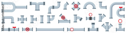 Pipe collection with steel joints, gauges and red valves. Industrial plumbing system elements suitable for construction or factory