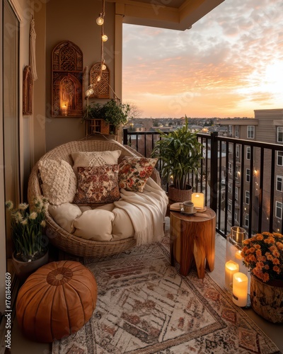 Cozy Outdoor Reading Nook on Balcony with Pumpkin and Table Decor