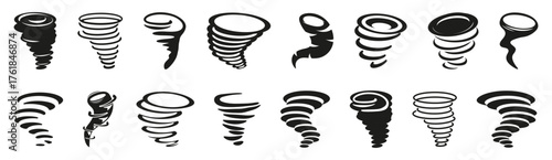 Tornado icon collection in dynamic black silhouettes. Spiral storm and whirlwind symbols for weather, disaster or motion themes