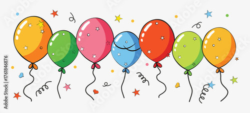 Colorful balloons with confetti and stars. Bright celebration concept suitable for birthday, festival, or party