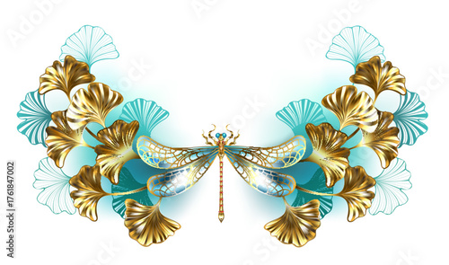 Symmetrical frame with dragonfly and ginkgo