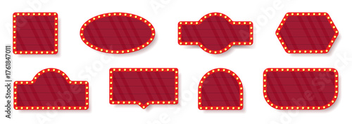 Marquee signboard collection with red frames and glowing yellow bulbs. Retro theater banner shapes for circus, cinema or show themes