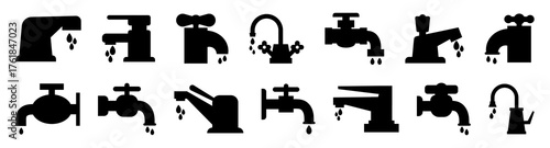 Faucet icon collection with dripping water drops. Plumbing tap silhouettes for household, leak or hygiene themes