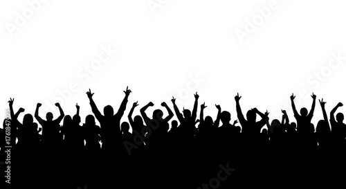 Silhouette of a Cheering Crowd with Raised Arms and Hands.