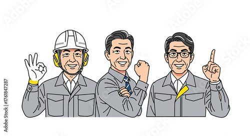 Three middleaged men in work clothes with different expressions