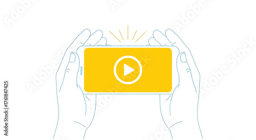 Hands holding a smartphone with a play button on the screen handdrawn vector illustration