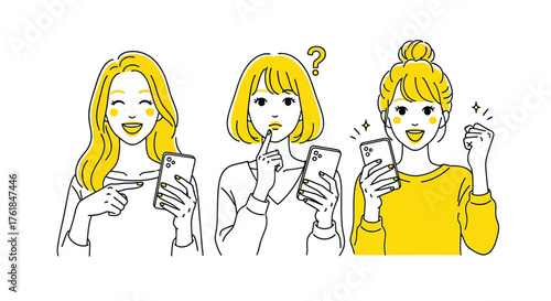Three young women using smartphones, with happy, thoughtful, and excited expressions, hand drawn vector illustration