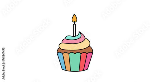 A colorful cupcake with a lit birthday candle on top.