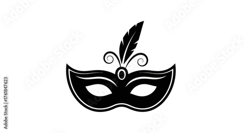 Black Masquerade Mask with Elegant Feather and Ornate Swirls.