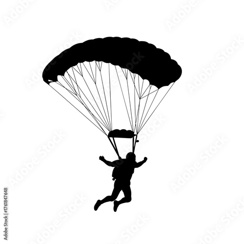 Silhouette of parachutist descending with open parachute, skydiver in mid-air motion, extreme sports figure on transparent background, flat style