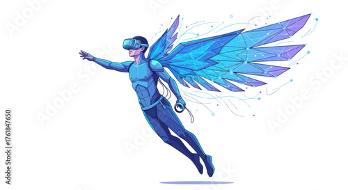 Futuristic Angelic Figure in Virtual Reality Headset with Digital Wings.