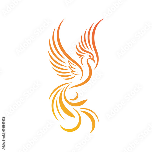 Abstract gradient phoenix logo with fiery wings symbolizing rebirth, power, and freedom on a white background.