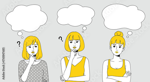 Three women thinking with empty thought bubbles, perfect for illustrating ideas, decisions, or brainstorming sessions