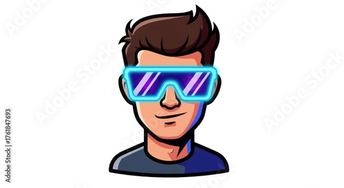 Cartoon Man Wearing Futuristic Glowing Neon VR Glasses.