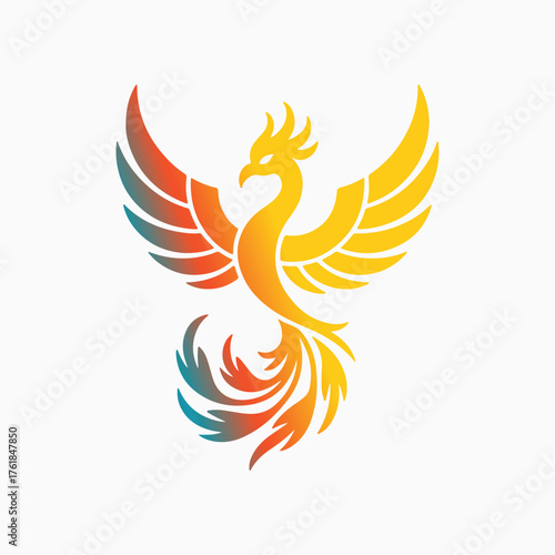 Abstract gradient phoenix logo with fiery wings symbolizing rebirth, power, and freedom on a white background.