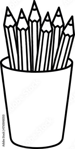 Outline drawing of colored pencils neatly arranged in a cup
