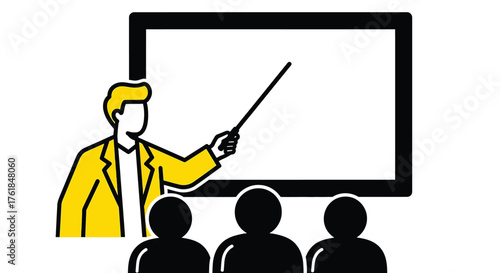 Instructor teaching a class with students, using a whiteboard for presentation, a simple educational illustration