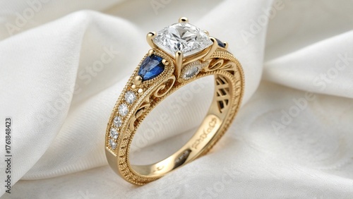 Luxurious golden diamond wedding rings on a white background are a beautiful jewellery decoration and precious symbol of love and engagement