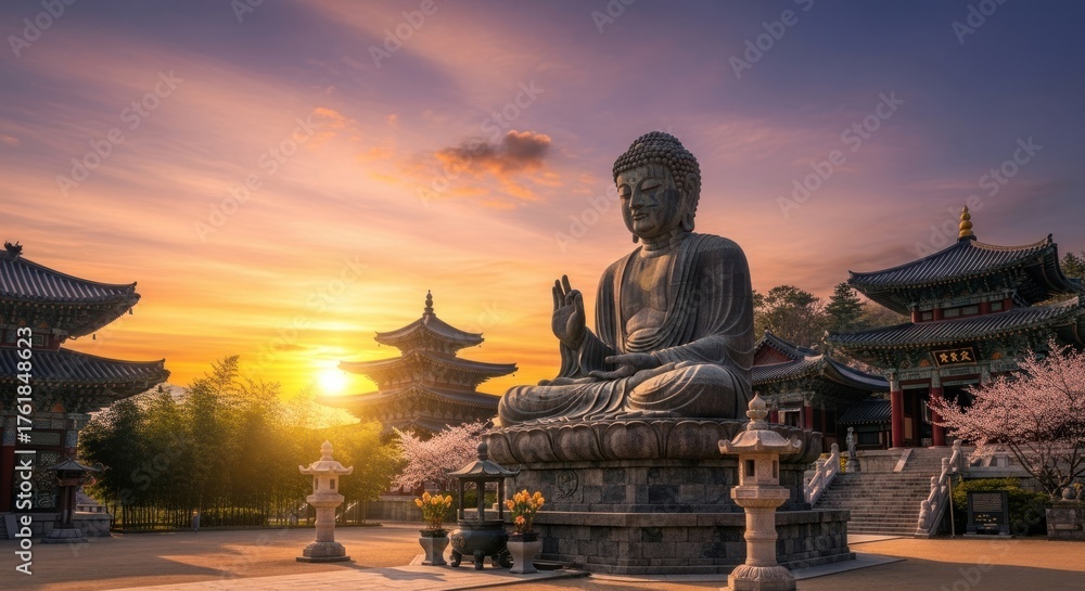 Fototapeta premium A serene sunset illuminates a large seated Buddha statue within a temple complex.