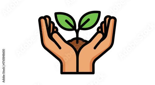 Hands cradling a small green plant sprout with soil.