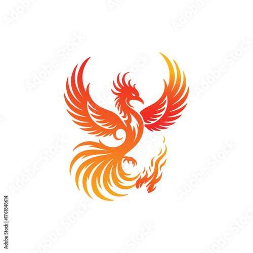 Abstract gradient phoenix logo with fiery wings symbolizing rebirth, power, and freedom on a white background.