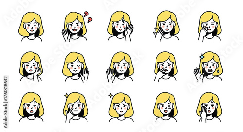 Illustration of a woman with various facial expressions a collection of emotions and feelings in a cartoon style