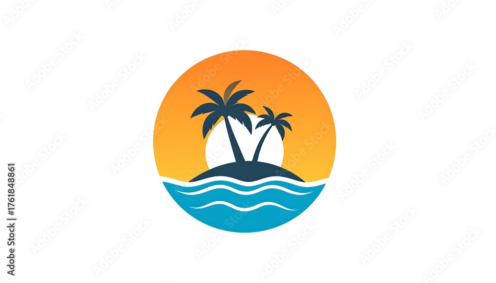 Fototapeta premium Tropical Island Sunset with Palm Trees and Ocean Waves.