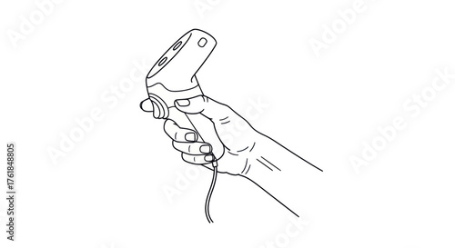 Hand holding a wired gaming controller featuring ergonomic design and button controls.