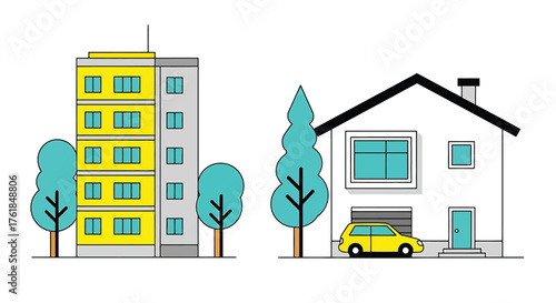 Illustration of a detached house with a car in the garage and an apartment building with trees