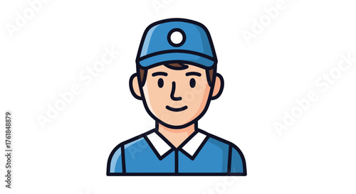 Friendly cartoon man wearing a blue cap and uniform.