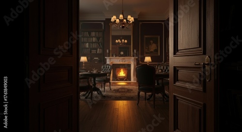 Wallpaper Mural View through an open doorway into a dimly lit, elegant room with a fireplace and classic furnishings. Torontodigital.ca