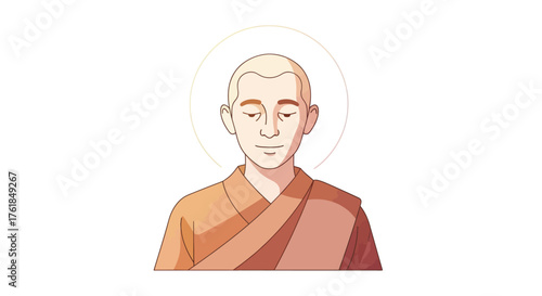 Illustration of a serene monk with a halo wearing traditional robes.