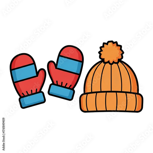 Warm Winter Hat and Mittens Set for Cold Weather. PNG Transparent