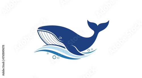 Stylized Blue Whale Illustration with Water Waves.