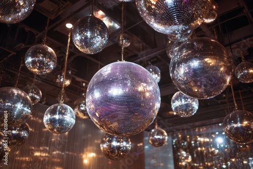 A vibrant collection of sparkling mirror balls suspended, creating a party atmosphere