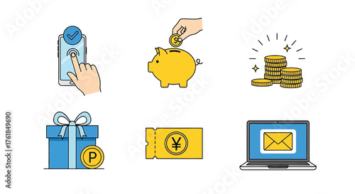 Set of icons representing online rewards, points, and benefits, loyalty programs and digital incentives for customers
