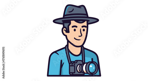 Cartoon Man Wearing Hat Holding Professional Camera.