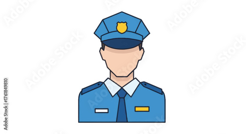 Cartoon Illustration of a Male Police Officer in Blue Uniform and Cap.