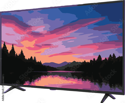 Flat-Screen TV with Sunset Landscape
