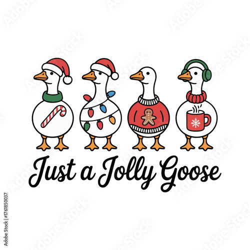 Just a jolly goose theme, row of festive birds wearing sweaters and hats, humorous holiday illustration, playful vector