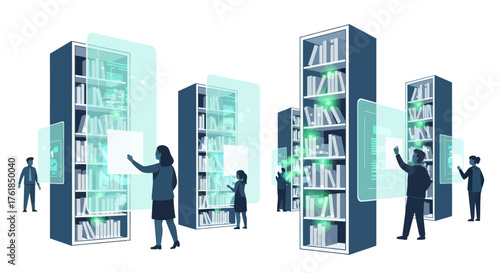 Digital Library with People Interacting with Virtual Bookshelves.