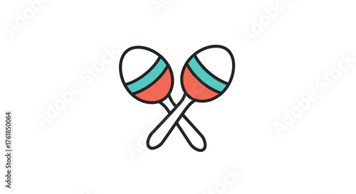 Two colorful crossed maracas with striped heads.