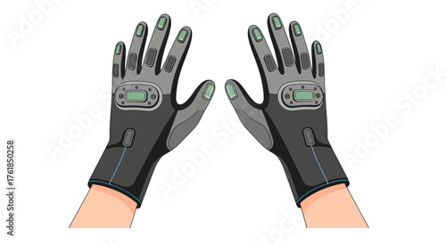 Pair of black and gray tactical gloves with wrist protection worn on hands.