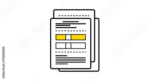 Illustration of documents with highlighted fields, representing paperwork, data entry, or form completion in a clean style